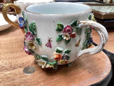 Lot 5047 - Group of four Vienna porcelain cups and saucers, together with two Dresden floral encrusted chocolate cups and covers, and a Coalport fluted cup and saucer