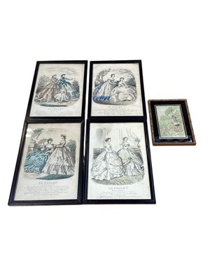 Lot 5049 - Set of four 19th century French coloured engravings from Le Follet, 26cm x 17.5cm, and a small embroidery in verre églomisé frame
