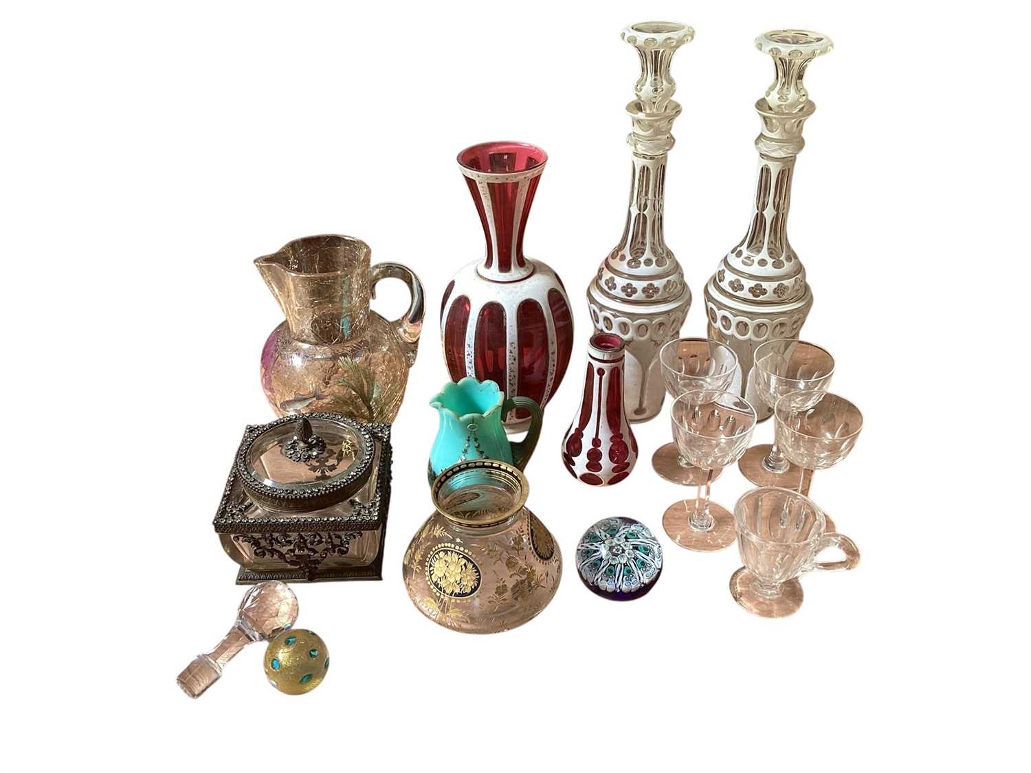 Lot 5051 - Group of glassware including pair of flash cut decanters, paperweights, opaque glass jug, etc