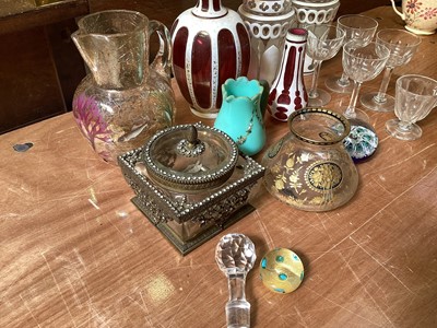 Lot 5051 - Group of glassware including pair of flash cut decanters, paperweights, opaque glass jug, etc