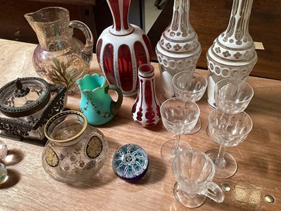 Lot 5051 - Group of glassware including pair of flash cut decanters, paperweights, opaque glass jug, etc