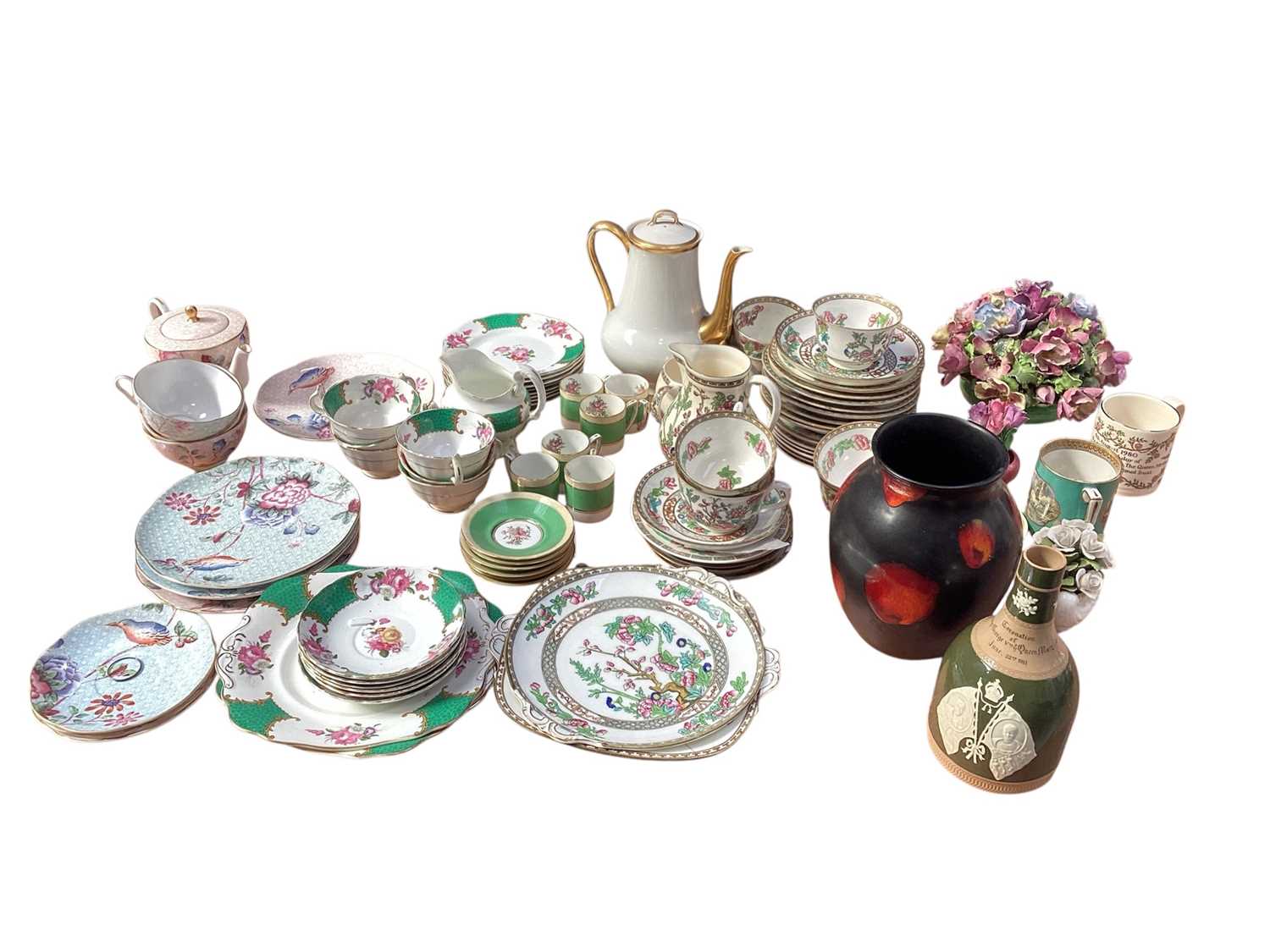 Lot 5053 - Group of ceramics including a Poole Pottery Galaxy vase, Copeland Spode 1911 Coronation bottle, various teawares including Coalport Indian Tree pattern, etc