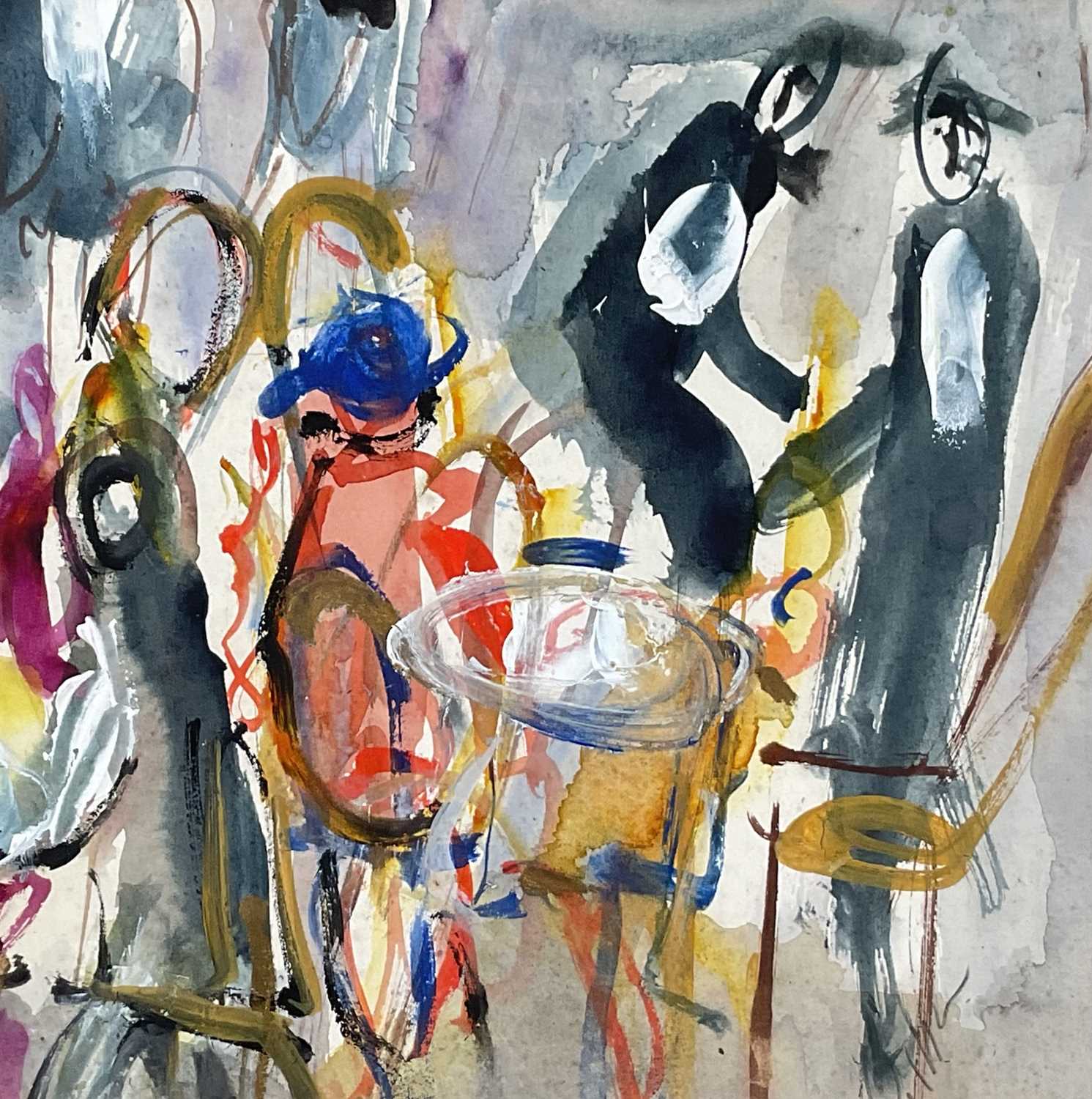 Lot 72 - Michael Gibbison (b. 1937) mixed media, The Waiters, signed, titled verso, 23cm x 22.5cm, glazed frame
