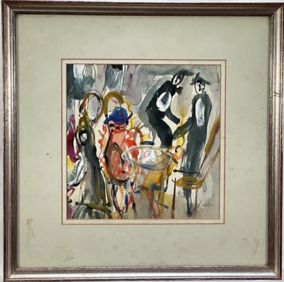 Lot 72 - Michael Gibbison (b. 1937) mixed media, The Waiters, signed, titled verso, 23cm x 22.5cm, glazed frame