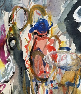 Lot 72 - Michael Gibbison (b. 1937) mixed media, The Waiters, signed, titled verso, 23cm x 22.5cm, glazed frame