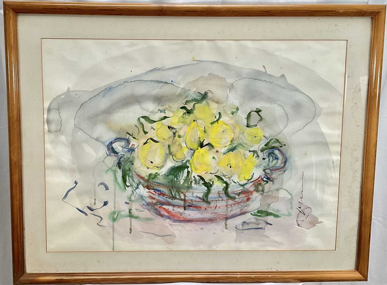 Lot 73 - Michael Gibbison (b. 1937) watercolour, Still life of Lemons in a red and blue bowl, signed, 55cm x 76cm, glazed frame