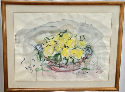 Lot 73 - Michael Gibbison (b. 1937) watercolour, Still life of Lemons in a red and blue bowl, signed, 55cm x 76cm, glazed frame