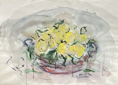 Lot 73 - Michael Gibbison (b. 1937) watercolour, Still life of Lemons in a red and blue bowl, signed, 55cm x 76cm, glazed frame