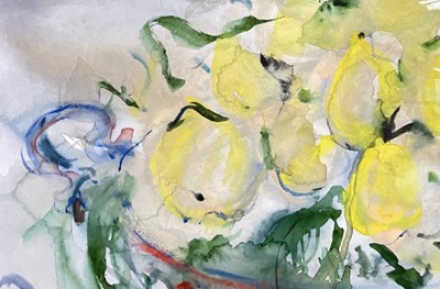 Lot 73 - Michael Gibbison (b. 1937) watercolour, Still life of Lemons in a red and blue bowl, signed, 55cm x 76cm, glazed frame