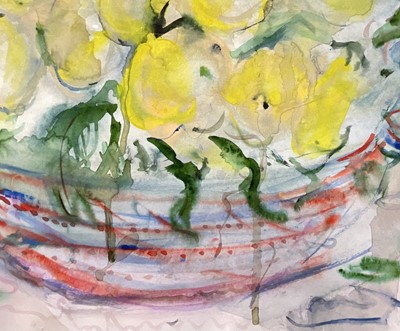 Lot 73 - Michael Gibbison (b. 1937) watercolour, Still life of Lemons in a red and blue bowl, signed, 55cm x 76cm, glazed frame