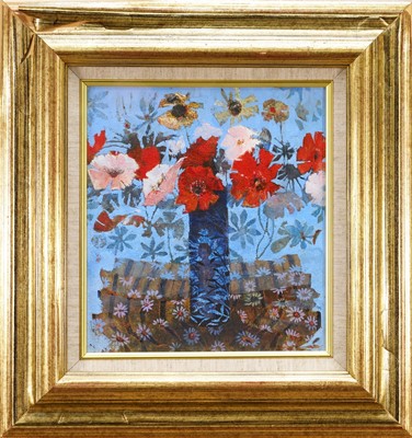 Lot *Gordon Hope Wyllie RSW (1930-2005) mixed media on board, Poppies, signed and dated '95 in pencil, titled to label verso, 25cm x 23cm, glazed frame