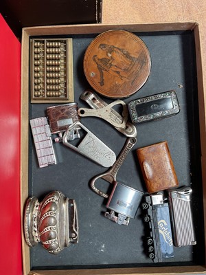 Lot 5059 - Sundry items, including a 19th century French snuff box, lighters, cigarette cards, coins, etc