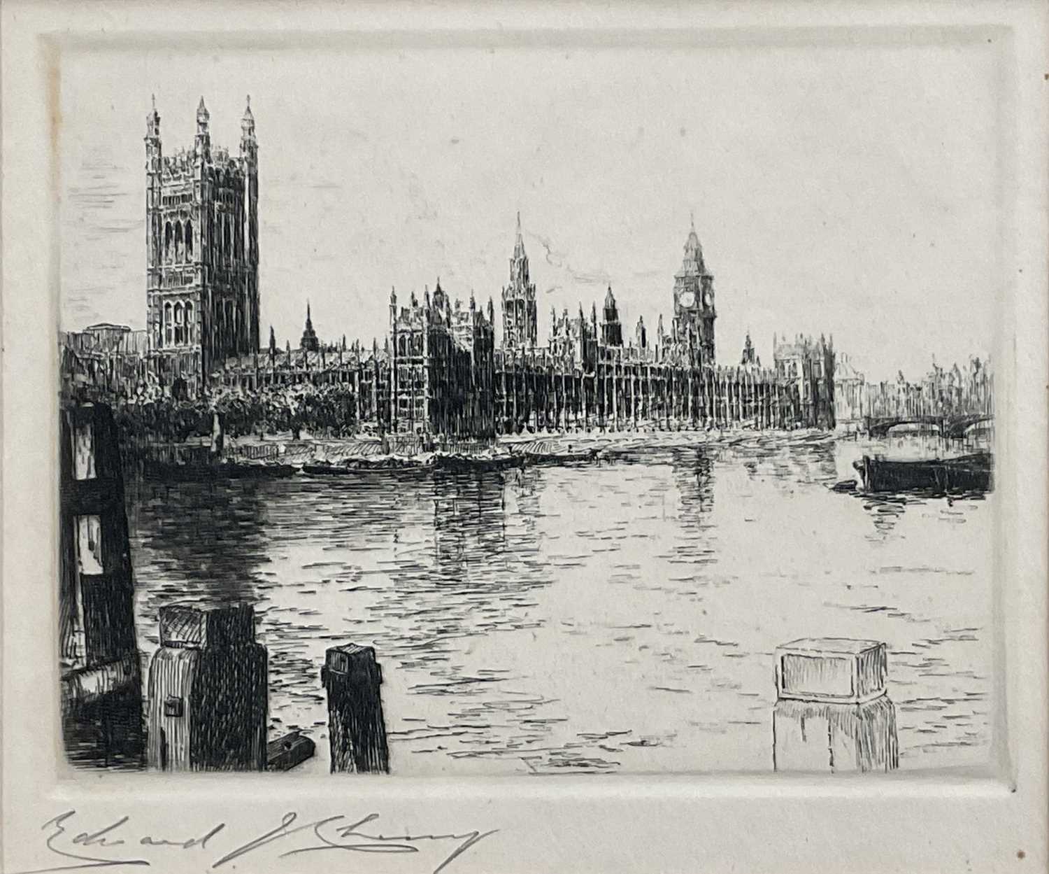 Lot 83 - Edward J. Cherry (1886-1960) etching, The Houses of Parliament, signed, 10.5cm x 13.5cm, in glazed frame