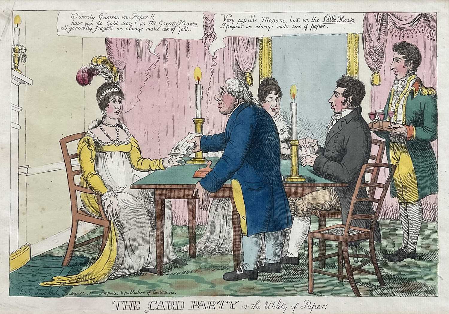 Lot 82 - Early 19th century caricature, engraving titled ‘The Card Party' or 'The Utility of Paper', pub. Sidebotham, Sackville St., 23cm x 33cm, glazed frame