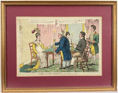 Lot 82 - Early 19th century caricature, engraving titled ‘The Card Party' or 'The Utility of Paper', pub. Sidebotham, Sackville St., 23cm x 33cm, glazed frame