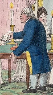 Lot 82 - Early 19th century caricature, engraving titled ‘The Card Party' or 'The Utility of Paper', pub. Sidebotham, Sackville St., 23cm x 33cm, glazed frame