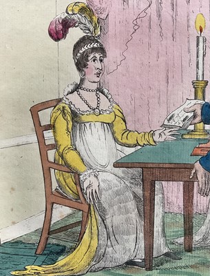 Lot 82 - Early 19th century caricature, engraving titled ‘The Card Party' or 'The Utility of Paper', pub. Sidebotham, Sackville St., 23cm x 33cm, glazed frame