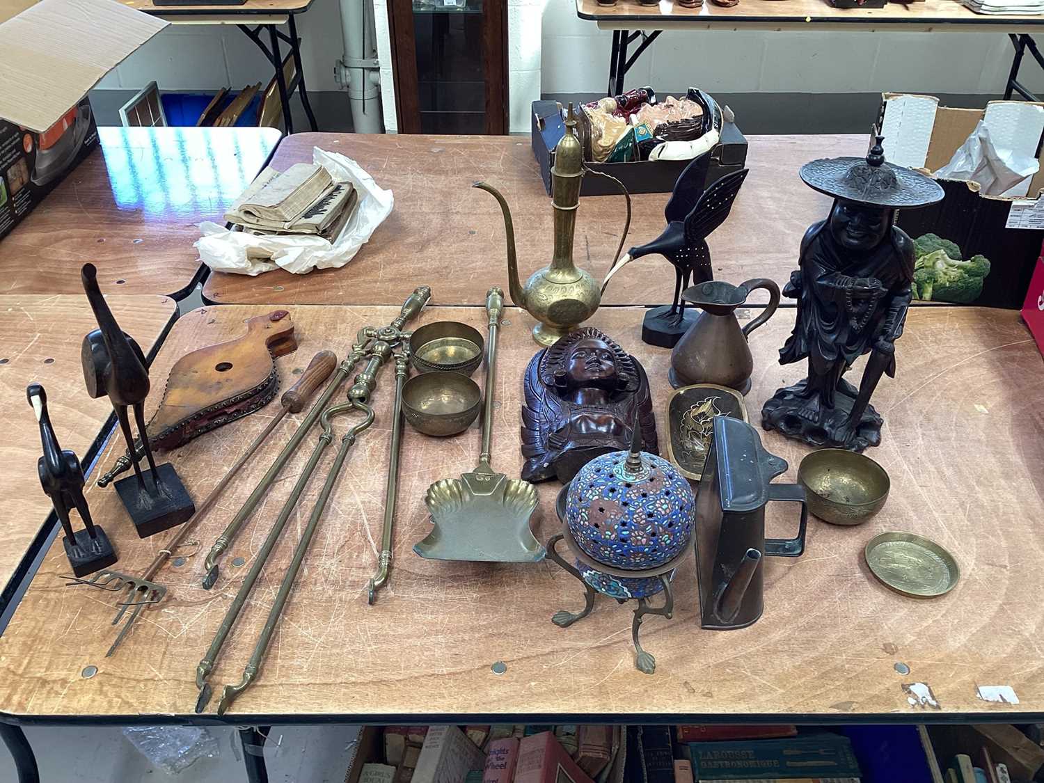 Lot 5063 - Group of brass, metalware and wooden figures to include fire tools, copper jug etc