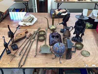 Lot 5063 - Group of brass, metalware and wooden figures to include fire tools, copper jug etc
