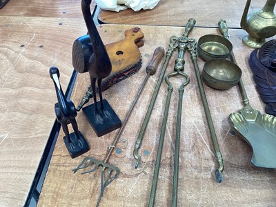 Lot 5063 - Group of brass, metalware and wooden figures to include fire tools, copper jug etc