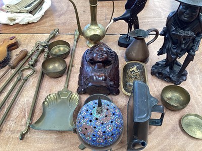 Lot 5063 - Group of brass, metalware and wooden figures to include fire tools, copper jug etc