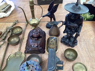 Lot 5063 - Group of brass, metalware and wooden figures to include fire tools, copper jug etc