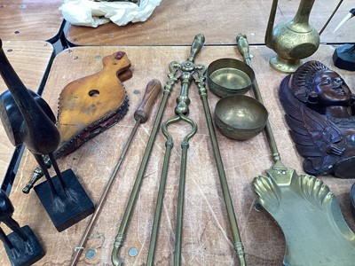 Lot 5063 - Group of brass, metalware and wooden figures to include fire tools, copper jug etc