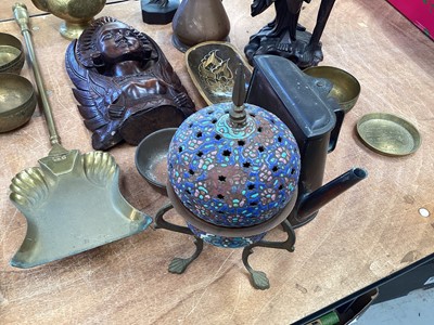 Lot 5063 - Group of brass, metalware and wooden figures to include fire tools, copper jug etc