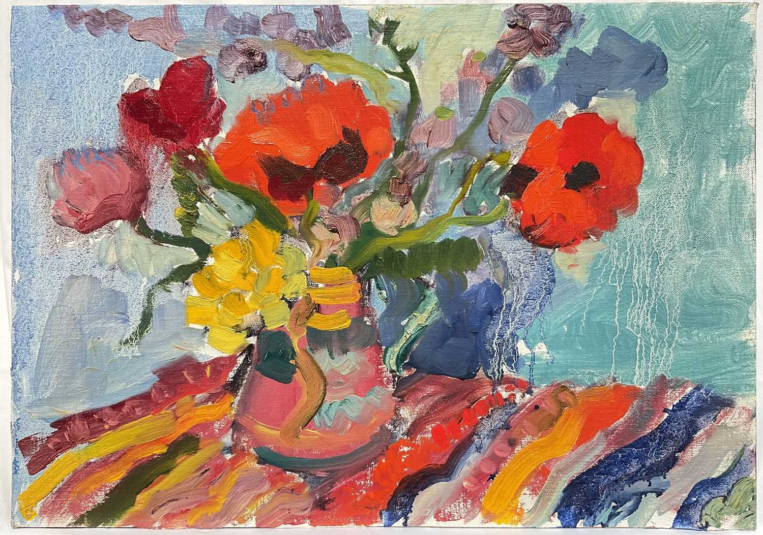 Lot 87 - Annelise Firth (b. 1961) oil on board, Oriental Poppies, Fox gloves and Gold Rose, signed and dated 2024, 42cm x 59cm, unframed