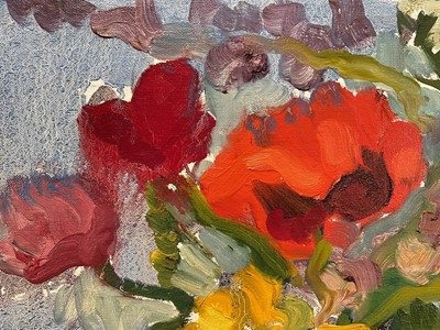Lot 87 - Annelise Firth (b. 1961) oil on board, Oriental Poppies, Fox gloves and Gold Rose, signed and dated 2024, 42cm x 59cm, unframed