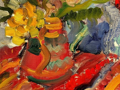 Lot 87 - Annelise Firth (b. 1961) oil on board, Oriental Poppies, Fox gloves and Gold Rose, signed and dated 2024, 42cm x 59cm, unframed