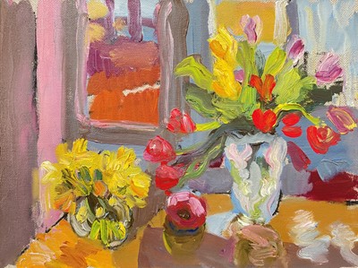 Lot 89 - Annelise Firth (b. 1961) oil on board, Daffodils, Tulips, Pomegranate, signed and dated 2025, 30cm x 40cm, framed
