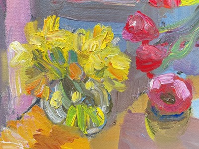 Lot 89 - Annelise Firth (b. 1961) oil on board, Daffodils, Tulips, Pomegranate, signed and dated 2025, 30cm x 40cm, framed