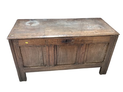 Lot 5385 - Late 17th century oak coffer engraved E:P 1696 measuring 131cm wide x 71cm tall x 57cm deep