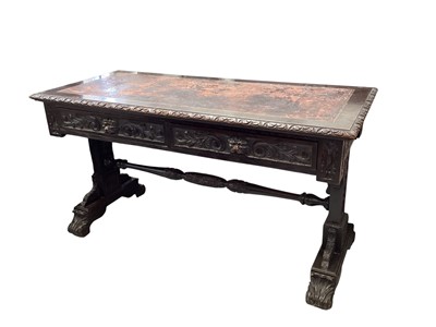 Lot 5383 - 18th century style oak carved desk with leather inlay 137cm wide x 61cm deep x 76cm tall