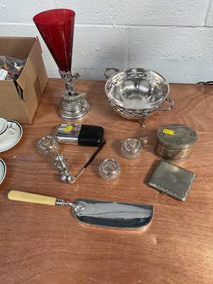Lot 5119 - Small Georgian silver toddy ladle, silver cruet set, together with a silver plated and leather hip flask, a Reed & Barton silver plated and cranberry glass spill vase decorated with pheasant...