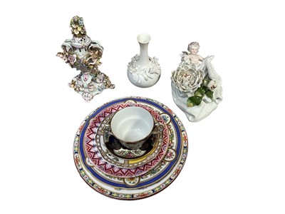 Lot 5176 - Group of ceramics, including a Sitzendorf wall pocket, Dresden vase and stand, etc