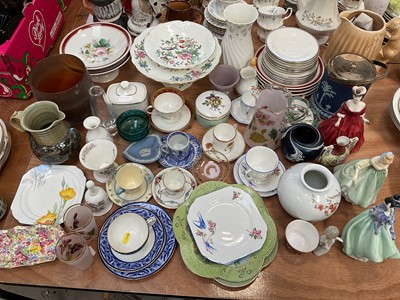 Lot 5100 - Group of ceramics and glass, including three Royal Doulton figures, Sylvac squirrel jug, etc