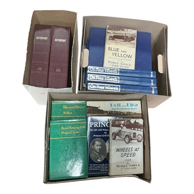 Lot 174 - Group of Motorsport interest books, including several related to Prince Chula, Formula One (F1) biographies, two folders of 1960s Autosport and others (3 boxes)