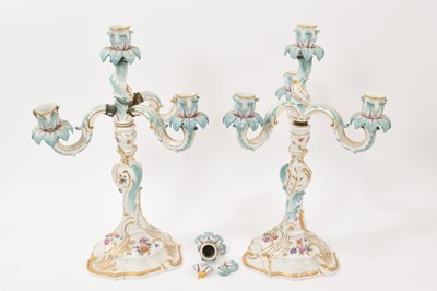 Lot 210 - Pair of Meissen three branch candelabra