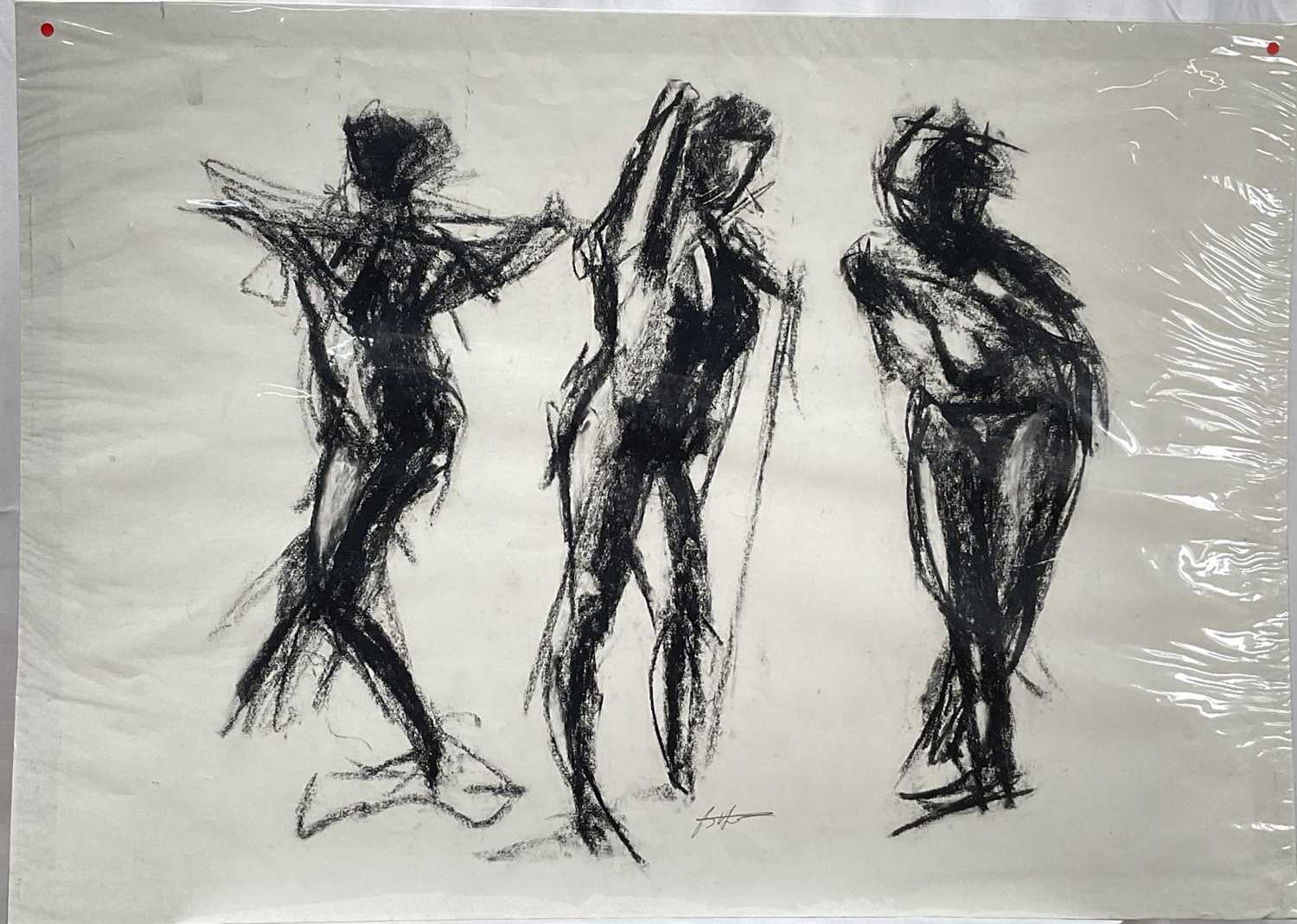 Lot 20 - British School, charcoal study, three figures, indistinctly signed, 59cm x 84cm, unframed