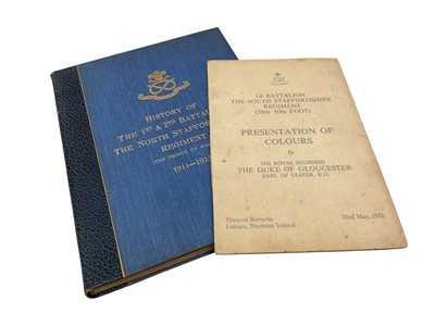 Lot 1340 - History of The 1st & 2nd battalions The North Staffordshire Regiment 1914-1923: 120 page book printed by Hughes & Harper limited with blue cover and gold blocked regimental badge to top,...