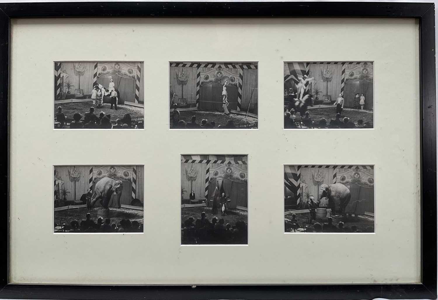 Lot 15 - Six vintage photographic prints of the Circus including a performing Elephant, framed together, each 7cm x 10cm, glazed frame (33cm x 49cm overall)