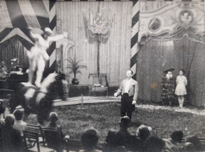 Lot 15 - Six vintage photographic prints of the Circus including a performing Elephant, framed together, each 7cm x 10cm, glazed frame (33cm x 49cm overall)