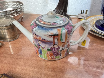 Lot 5155 - Late 18th century Chinese canton porcelain teapot decorated with mandarin figures, strap work handle.