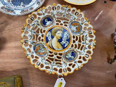Lot 5161 - 19th century Italian Ginori faience glazed pottery pedestal dish and a late 19th century enamelled glass triform centre bowl in ormolu mounts (2)