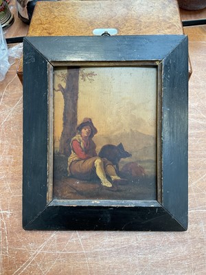 Lot 5166 - 19th century naive oil on panel of a boy sat beside a boar, framed, 20cm x 15.5cm