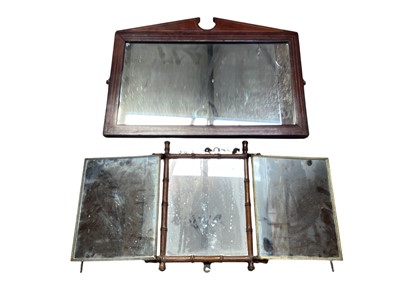 Lot 5171 - Unusual Aesthetic style triptych mirror with printed Chinese decoration and faux bamboo frame, 34cm high