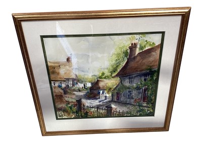 Lot 5226 - Kate Davie (contemporary) watercolour of country cottages, framed and glazed, 44cm x 38cm