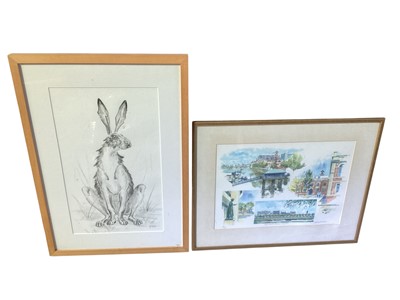 Lot 5227 - Mandy Dearsley (contemporary) charcoal drawing of a March hare, 49cm x 29cm, together with a limited edition print of St. Thomas's Hospital (2)